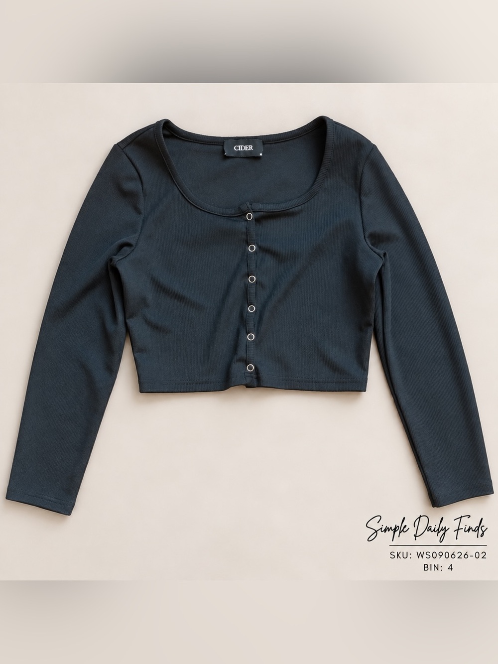 CIDER Black Ribbed Crop Top Medium Snap Front Y2K Long Sleeve